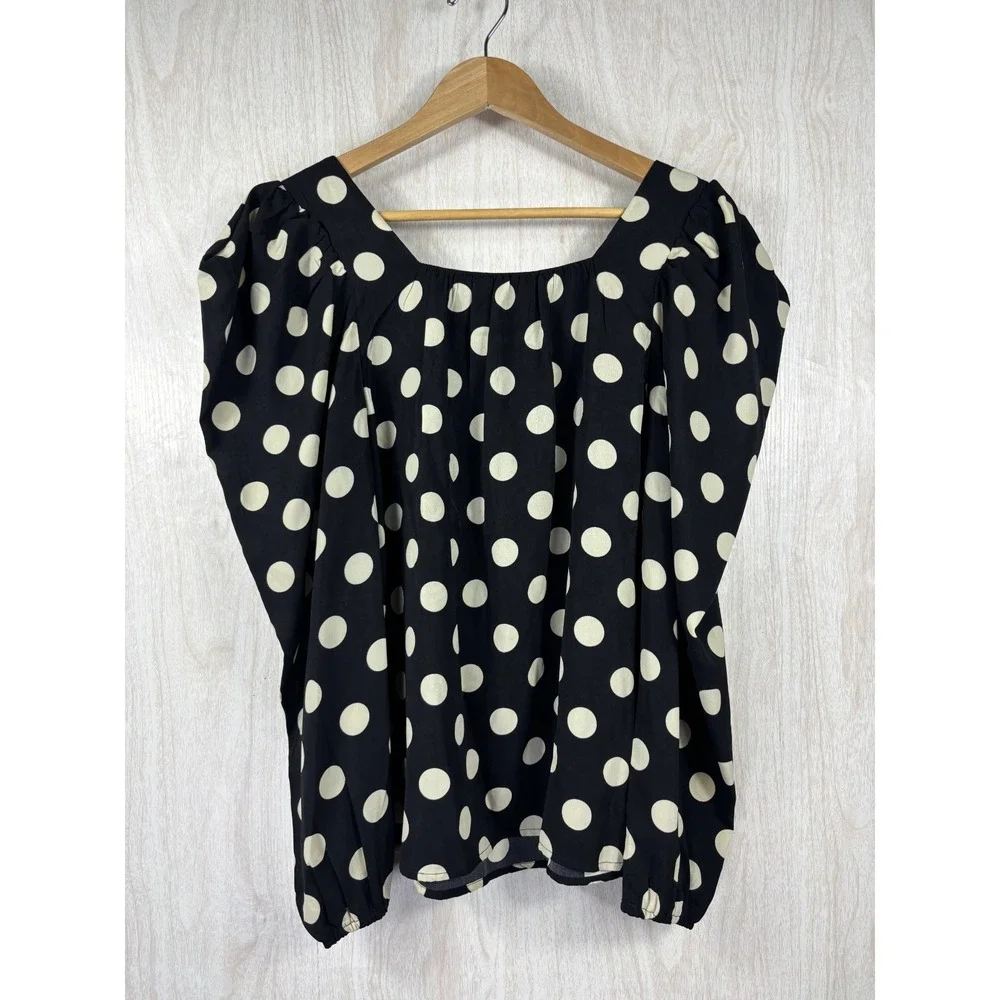 OTT Polka Dot Sleeve Blouse Womens S Luxury Puff Sleeve Black White Chic